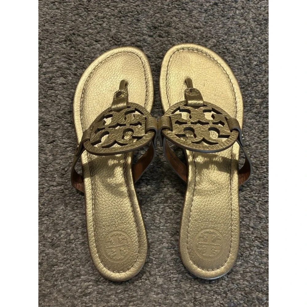 Tory Burch Miller Metallic Gold Pebbled Leather Sandals Size 9.5